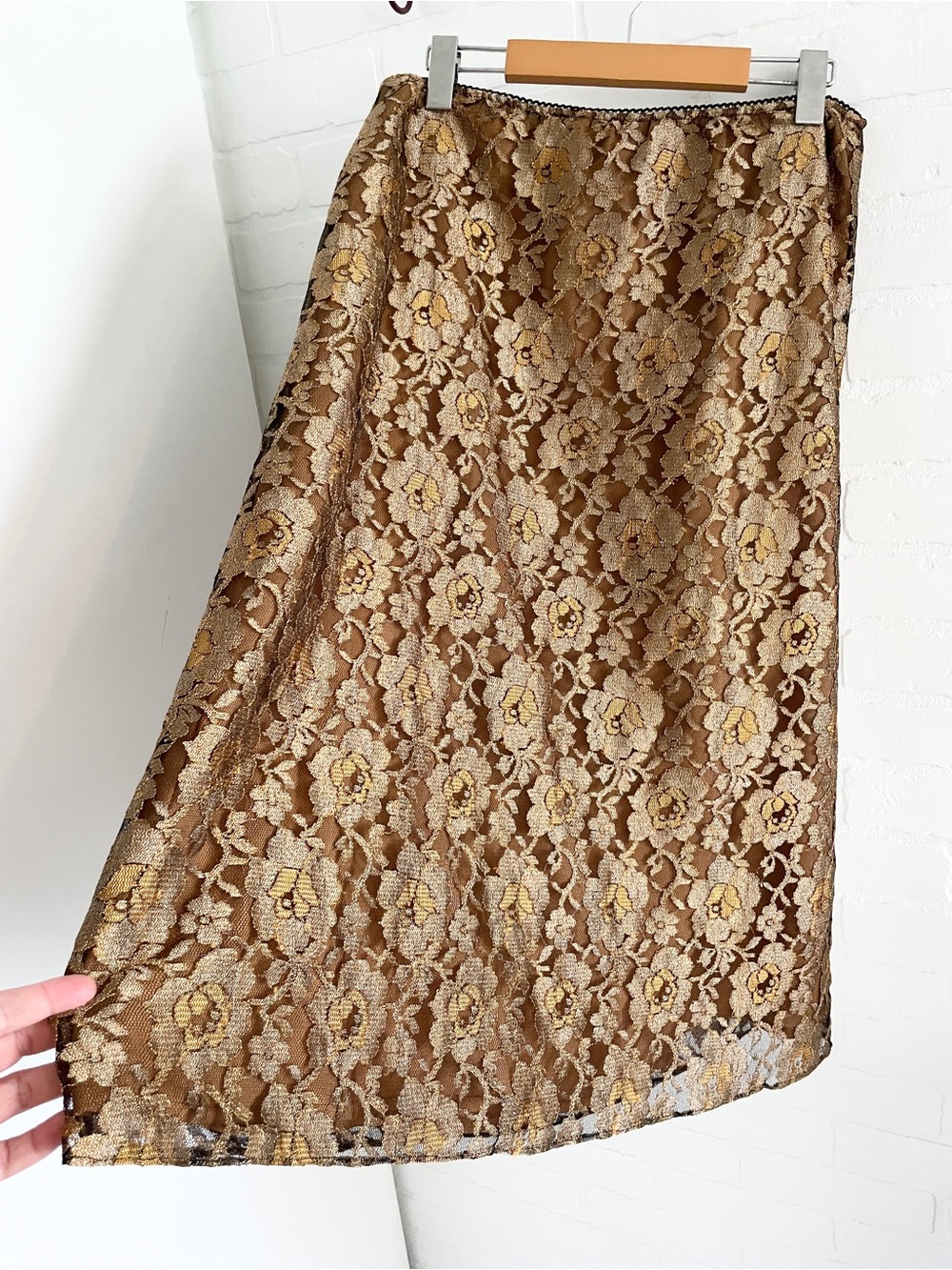 Vintage Y2K Metallic Rose Lace Midi Skirt Romantic Statement Sz L - Picture 11 of 15